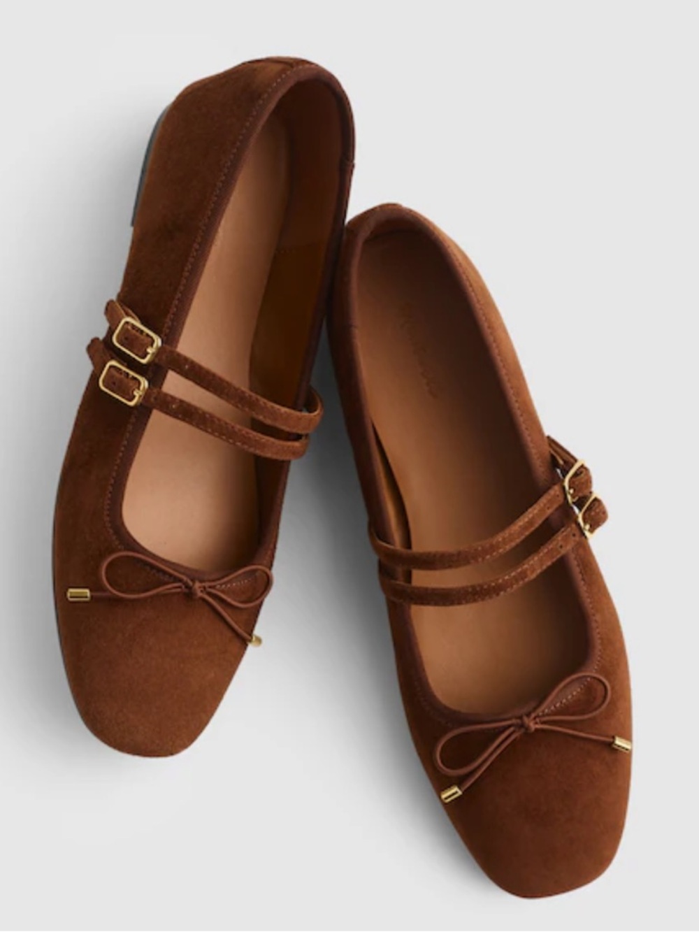 Madewell The Greta Brown Suede Double-Strap Mary Jane Flats with Bow